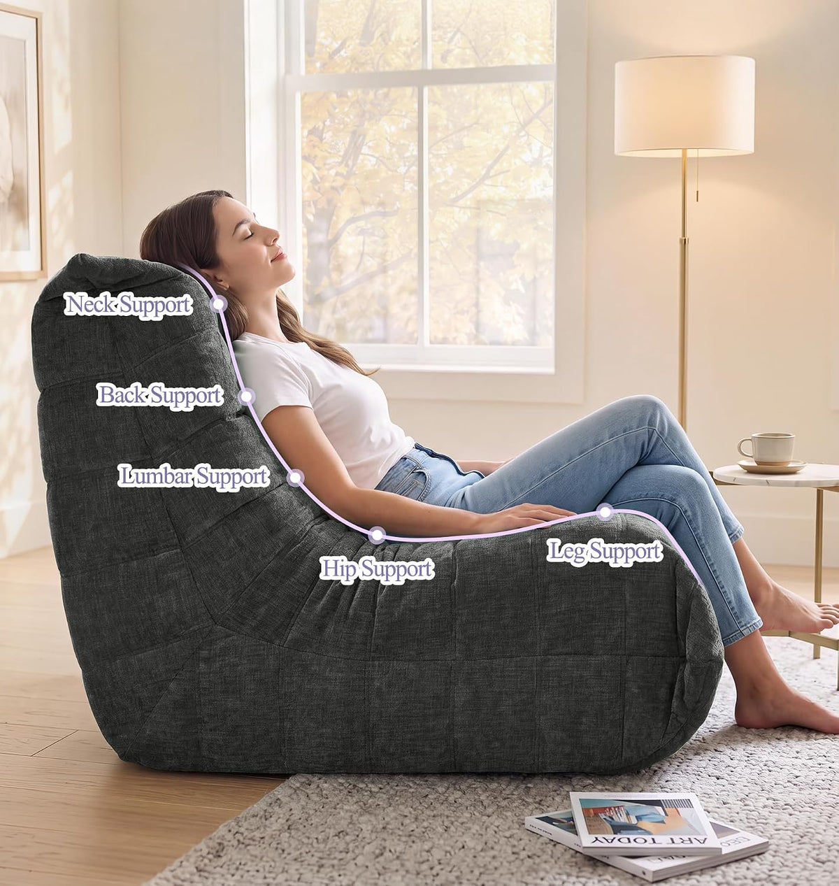 Adults Bean Bag Chair Floor Couch for Bedroom, Grey Chenille - Image 4