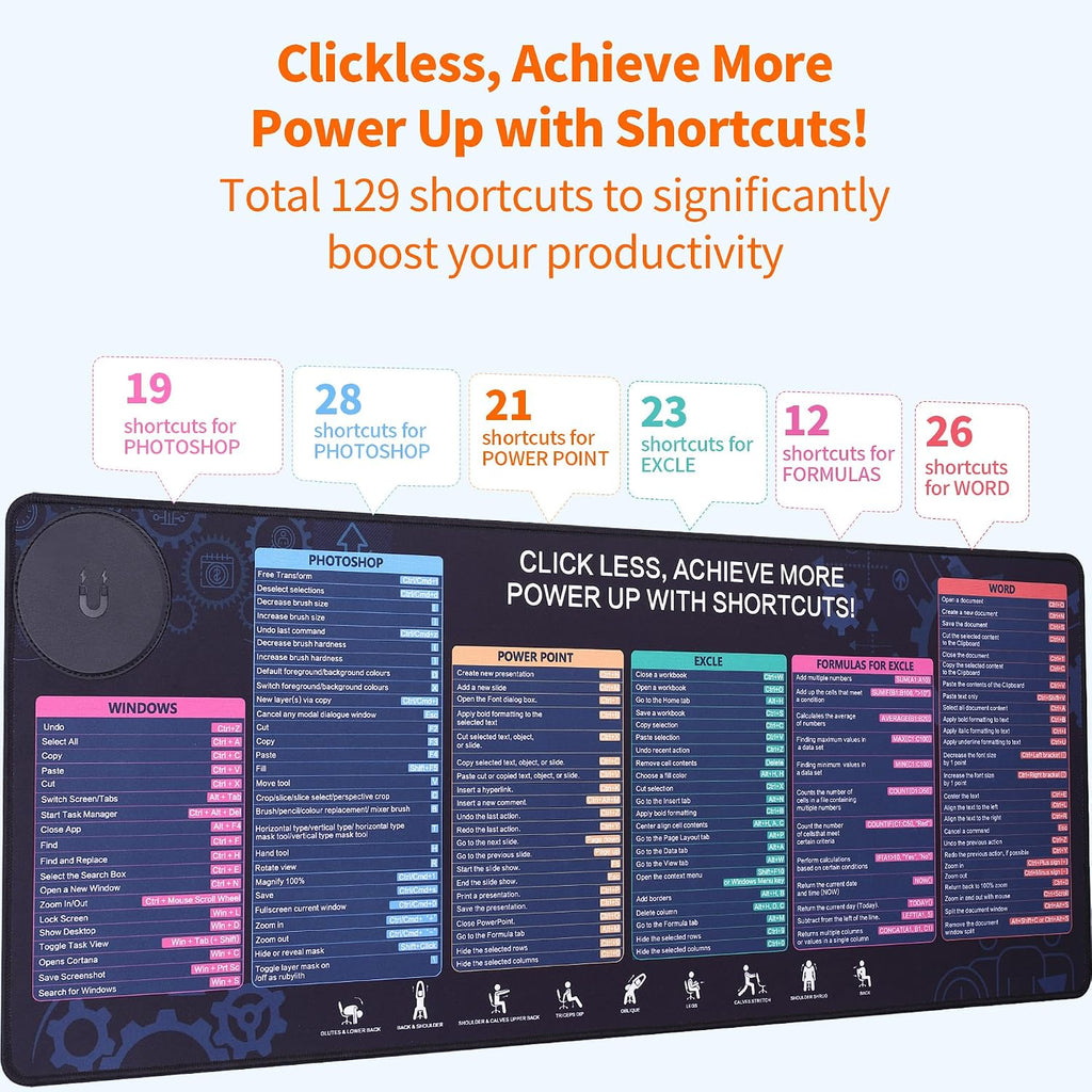 Office Pro Shortcuts Mouse Pad with Magnetic Wireless Charger & Holder Large Desk Mat with Keyboard Shortcuts with 15W Fast Qi Wireless Charging Compatible with iPhone Samsung Smartphones - Image 6