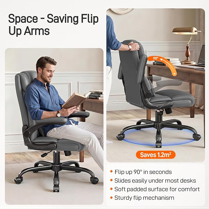 Office Chair, Executive Mid-Back Computer Desk Chair with Flip-up Armrests | 300 Lbs Ergonomic Leather Swivel PC Chair with Rock Function for Working Studying (Gray) - Image 4