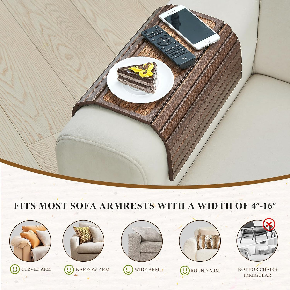 Bamboo Couch Arm Tray Table, Foldable Sofa Arm Tray Brown - Image 6