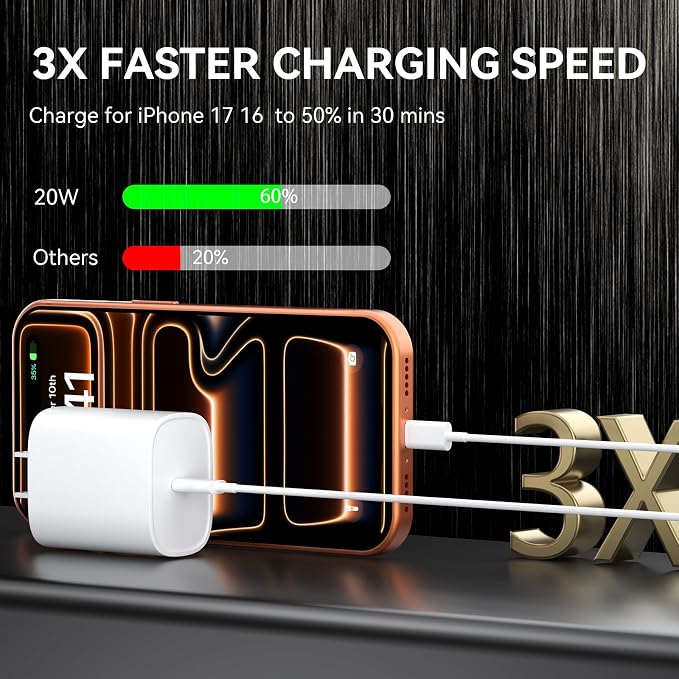 iPhone 17 Pro Max Charger Fast Charging, 10 FT USB C Cable Cord, iPhone 17 16 15 Chargers Long Cord 10FT with 20W Phone Charger Block Plug Brick for Apple iPhone 17/17 Pro Max/17 Air/16/15,iPad,2pack - Image 3