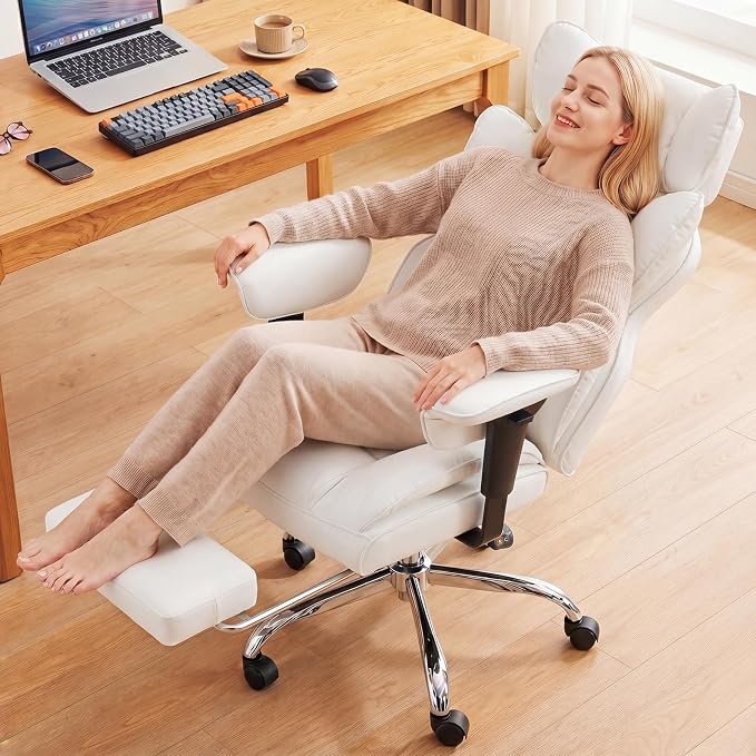 DUMOS Big and Tall Home Office Desk Chair, Executive Chair with Footrest | PU Leather, Ergonomic Comfy Lumbar Support, High Back Reclining, Adjustable Armrests, White - Image 2