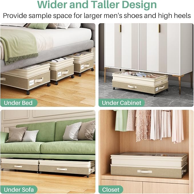 Kitstorack 4 Pack Height-adjustable Under Bed Storage with Wheels, Under Bed Storage Containers,Under Bed Shoe Storage Organizer with Clear Window&Label, Suitable for Clothes Storage, Beige & Linen - Image 6
