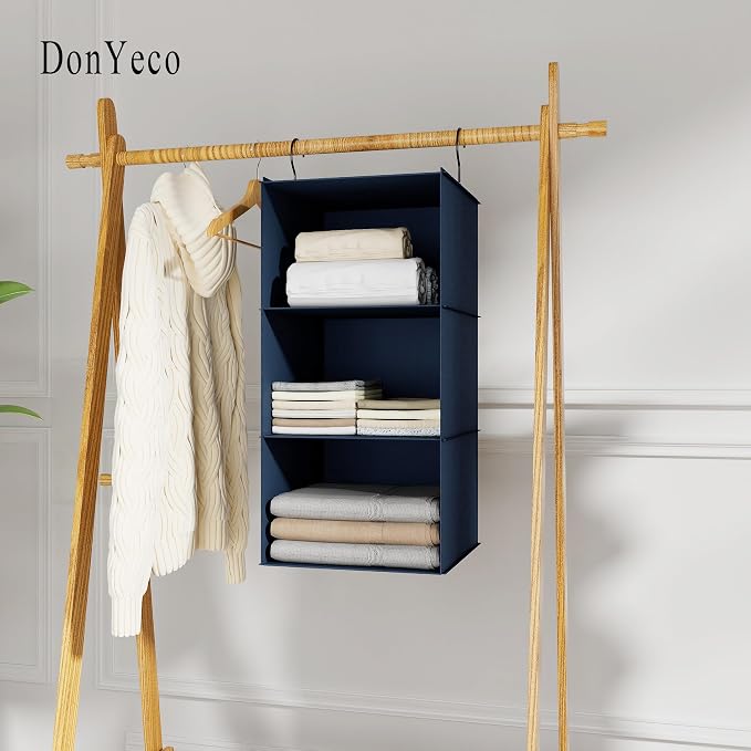 Hanging Closet Organizer 3-Shelf, Oxford Fabric Wardrobe Storage, Navy Blue | Easy-mount foldable design holds clothes, handbags, shoes & accessories; washable Oxford fabric, sturdy and space-saving. - Image 2