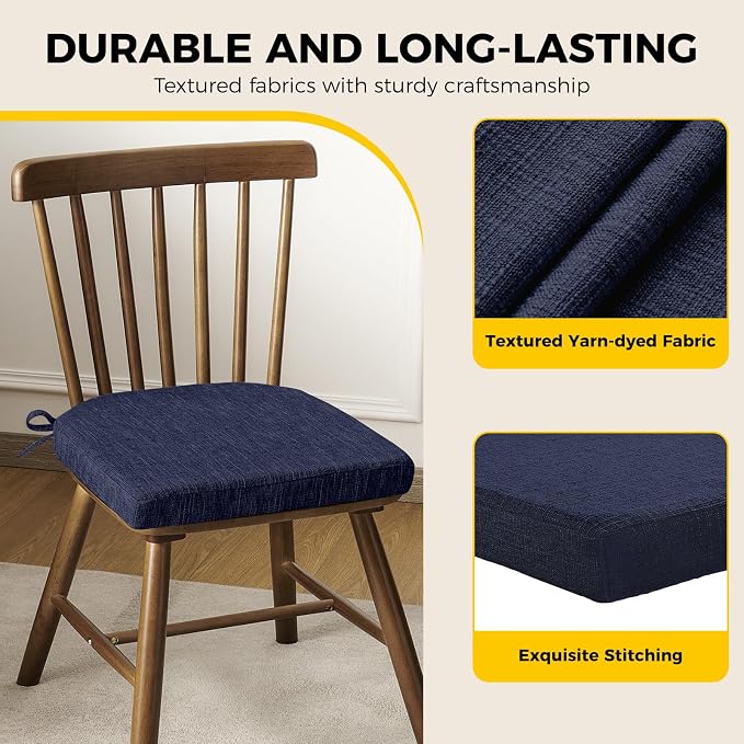downluxe Indoor Chair Cushions for Dining Chairs, Soft and Comfortable Textured Foam Kitchen Chair Pads with Ties and Non-Slip Backing, 16" x 16" x 2", Navy, 4 Pack - Image 6