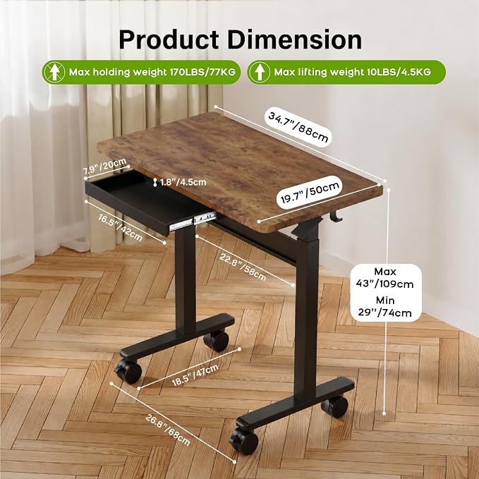 35" Pneumatic Standing Desk for Walking Pad with Wheels Drawer, Dark Wood | Height Adjustable Rolling Desk, Mobile Computer Workstation with Hook Locking Casters for Treadmill & Home Office - Image 7