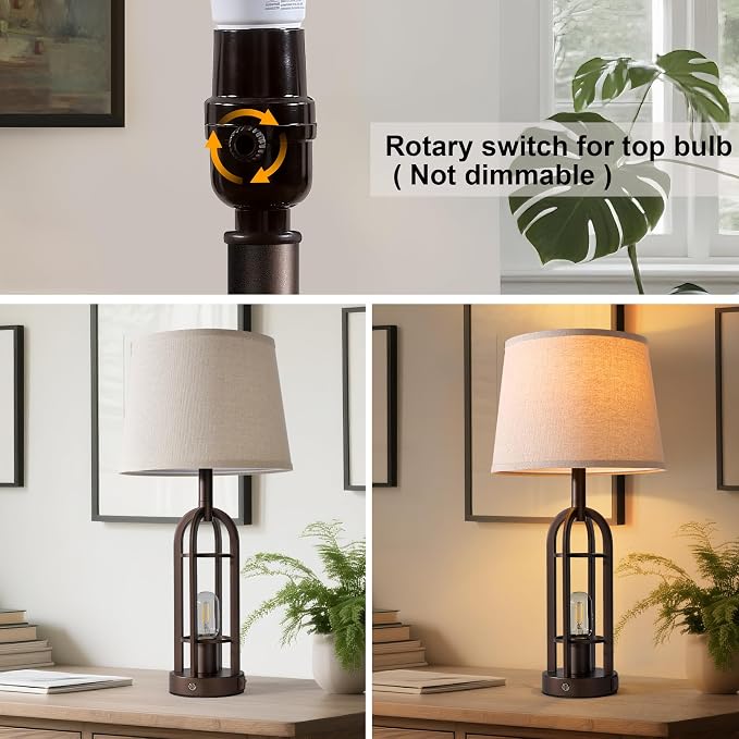 SRJJA 24" Table Lamps for Living Room Set of 2, Rustic Farmhouse 3-Way Dimmable Touch Industrial Bedside Lamps with USB A+C for Bedroom Nightstand，4 Bulbs Included - Image 3