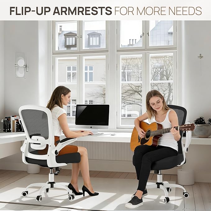 Mimoglad Ergonomic Office Chair - Desk Chair with Flip-up Armrests & 135° Recline, Adjustable Lumbar Support - Space-Saving Task Chair for Business/Team Office & Home (White Frame-Black, 300lbs) | Supports 300 lbs · Seat 19.48"–23.4" · Breathable mesh ... - Image 6
