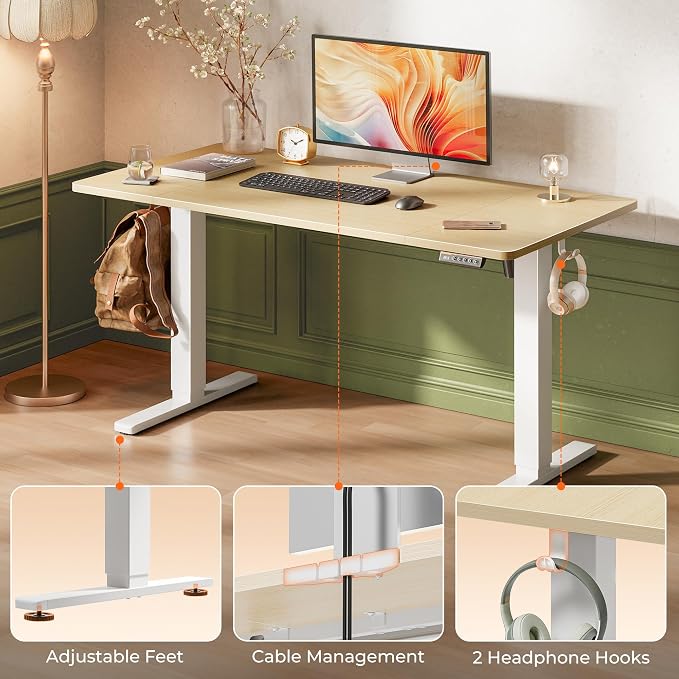 Huuger 55 x 28 Large Electric Standing Desk, Height Adjustable Desk, 27.6" Deep Desktop, Stand up Gaming Computer Office Desk with 2 Hooks, 3 Preset Heights, for Home Office, Maple, ACD134Q - Image 7