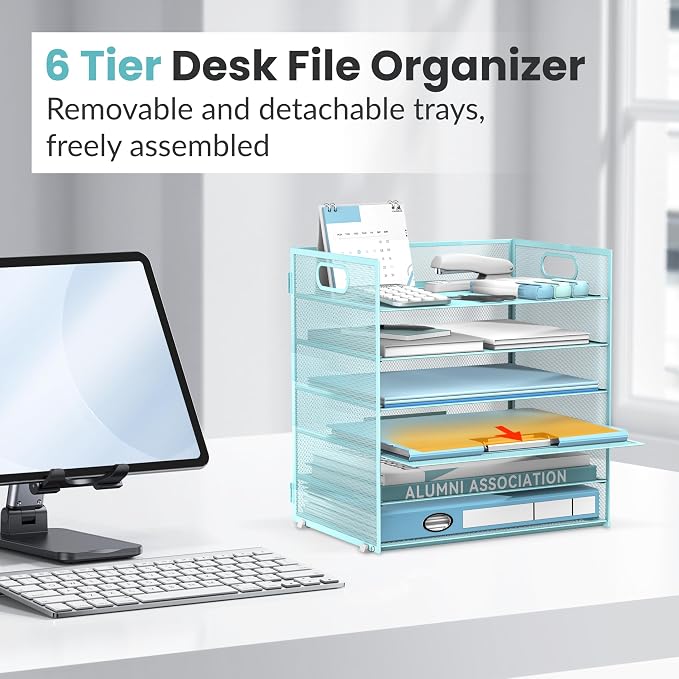 Daltack 6-Tier Paper Organizer for Desk with Handle, Blue | Sturdy Metal Mesh Organizer with Movable Middle Trays and a Carry Handle for Papers, Folders and Office Supplies - Image 5