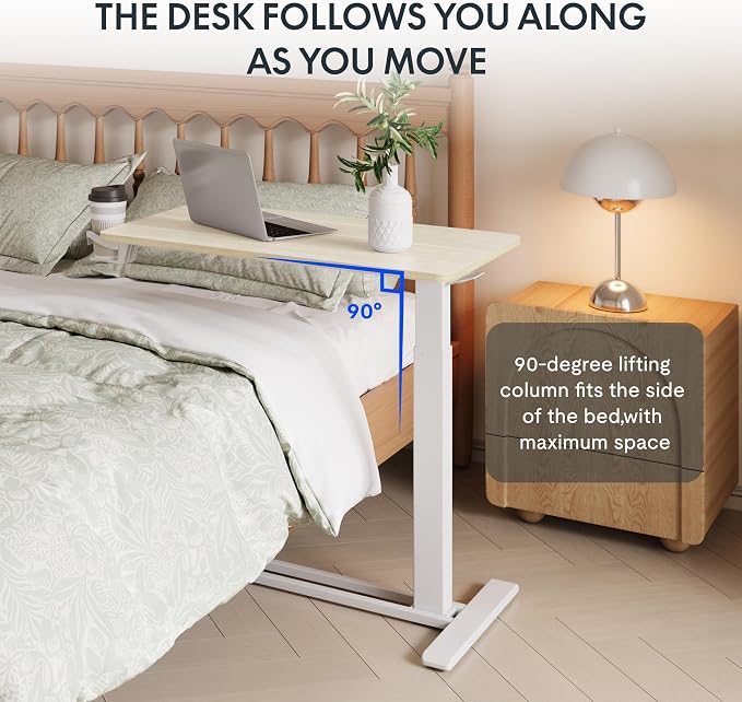 FLEXISPOT H7 32" Pneumatic Height-Adjustable Overbed Table with Wheels | C-shaped bedside table TV Tray,Medical End Side Table,Laptop desk for sofa and home office use,31.5"W x 17.7"D,White Wood - Image 7