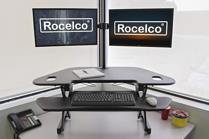 Rocelco 46" Height Adjustable Corner Standing Desk Converter with Dual Monitor Arm Bundle - Quick Sit Stand Up Computer Workstation Riser - Extra Large Keyboard Tray - Black (R CADRB-46-DM2) - Image 2