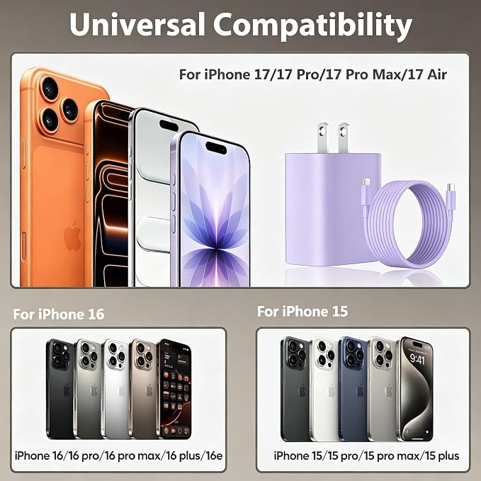 Phone 17 16 15 Charger Fast Charging, 10 FT Long USB C Charger Cord with 20W Type C Fast Phone Charging Block forPhone 17/17 Pro/17 Pro max/Air/Phone 16 15 Pro Max Plus, iPad, Android, Lavender - Image 5