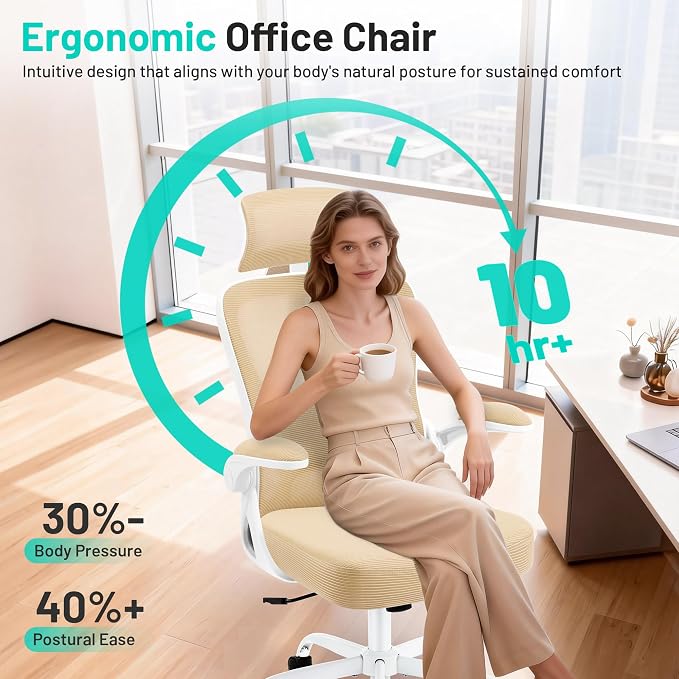 Office Chair - Ergonomic Desk Chair Breathable Mesh Chair with 2D Headrest & Adjustable Lumbar Support - Executive High Back Rolling Swivel Computer Gaming Chair with Wheels Flip-up Armrests - Image 6