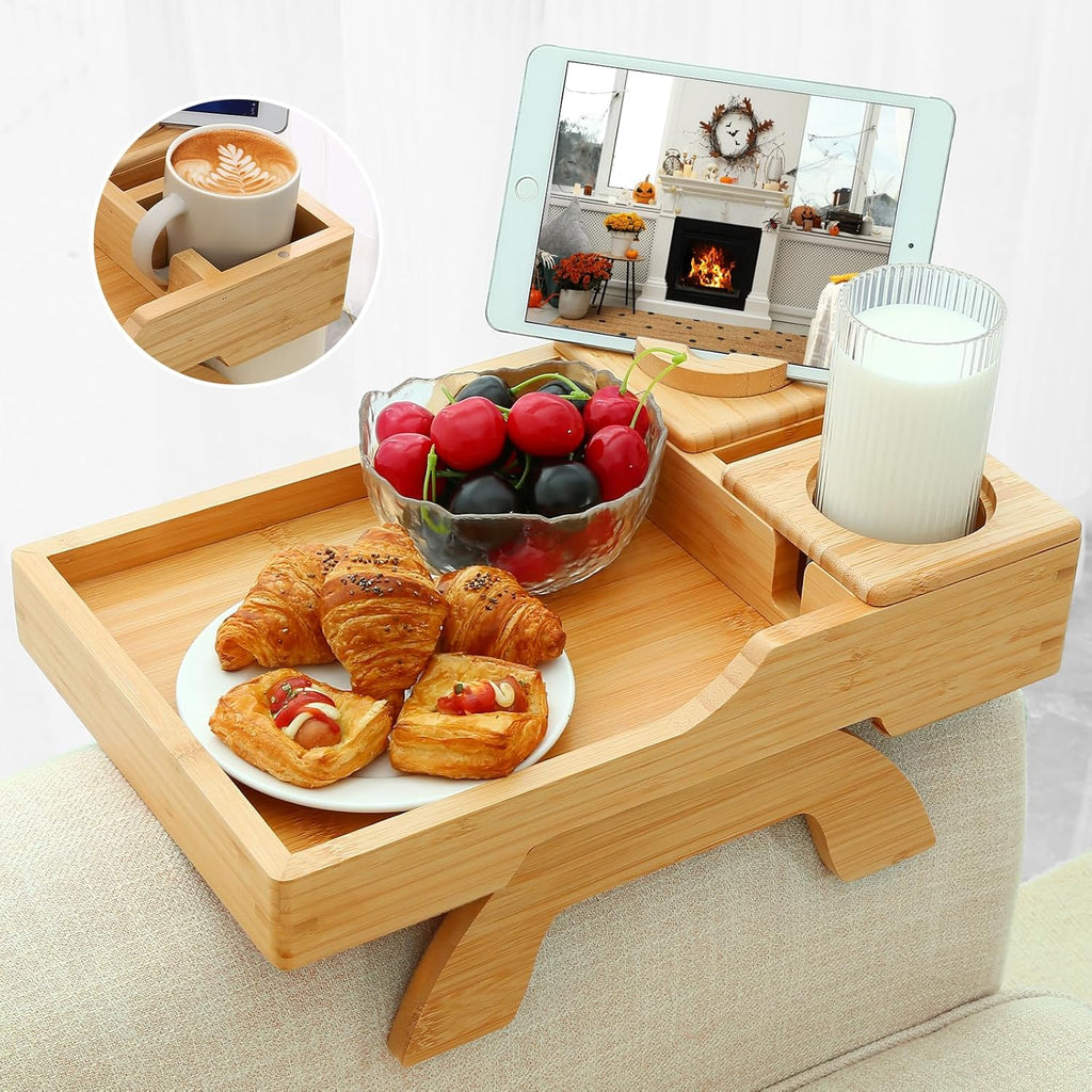 Bamboo Couch Cup Holder, 4 in 1 Couch Arm Trays with 360°Rotated Phone Holder, Non-Slip Clip on Side Table for Drinks/Remote/Snacks, Ideal Gift for Husband, Wife, Parents by GHKINMAL