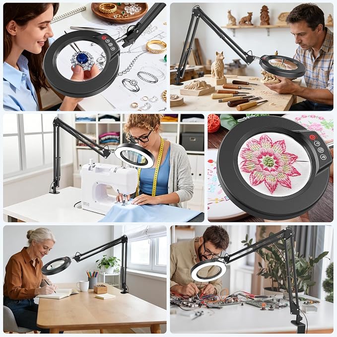 10X Magnifying Glass with Light and Clamp, Real Glass Stand Lighted Magnifier, 2*16 Arm 5 Color Modes Stepless Dimmable LED Desk Lamp Hands Free for Craft Hobby Reading Painting Close Work Large Black - Image 7