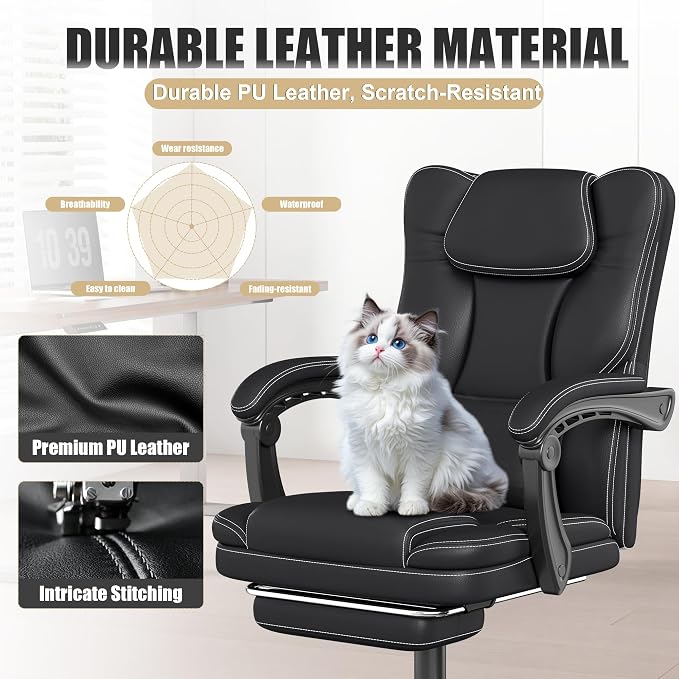 Ergonomic Office Chair with Footrest, Reclining Executive Computer Chair | 90°-155°Locking Tilt, 300lb Desk Gaming Chair with Lumbar Support, Comfy Leather PC Chair, 360° Rolling Swivel & Height Black - Image 4