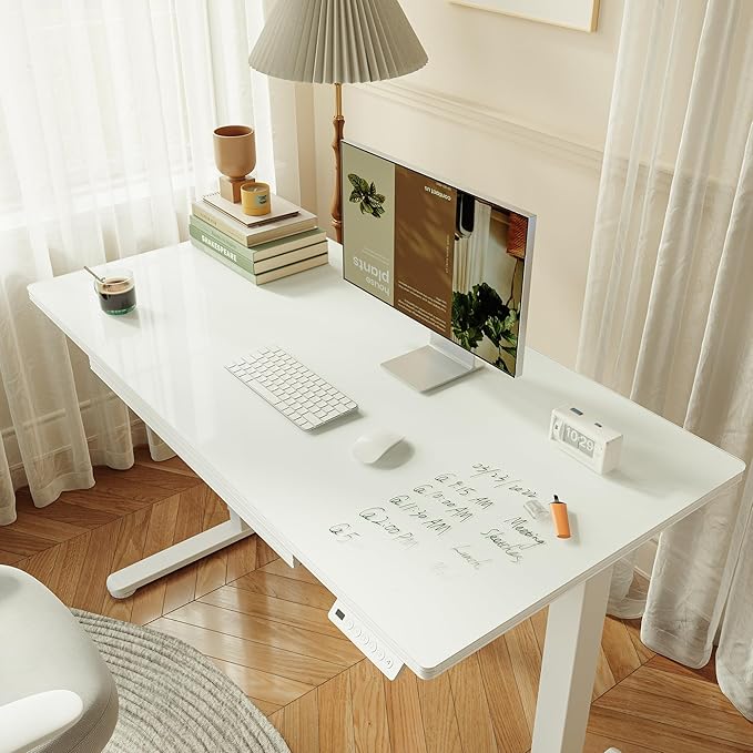 BANTI 48"x24" Standing Desk with Glass Top, Height Adjustable Computer Desk with Drawer, One-piece Rising Home Office Desks with Positon Memory, Sit Stand Up Electric Workstation Table, White - Image 10