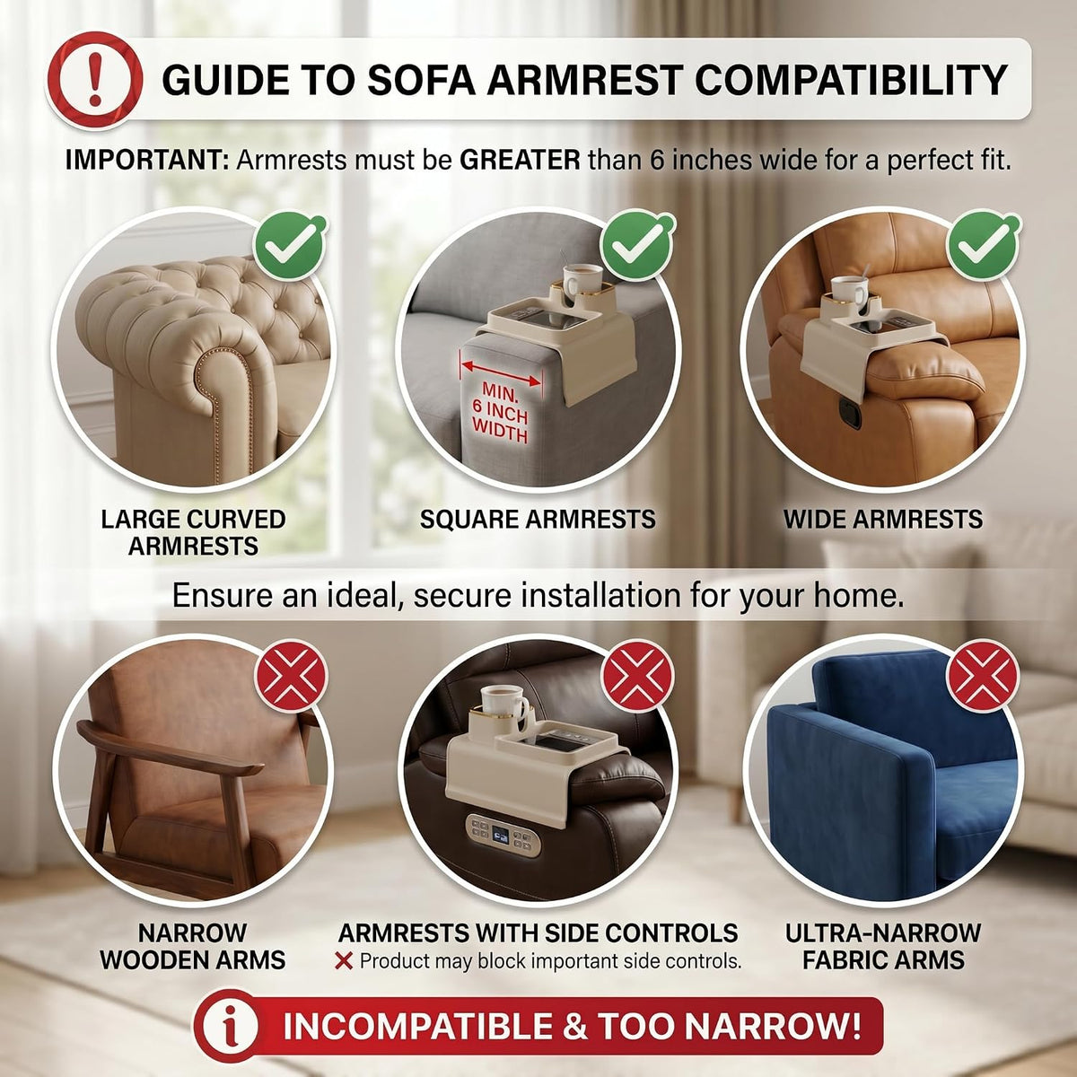Silicone Recliner Cup Holder, Couch Cup Holder Tray & Armchair Caddy, Weighted Non-Slip Drink Holder for Chairs, Anti-Spill Armrest Beverage Holder for Mugs, Remote & Phone, Beige Grey - Image 5