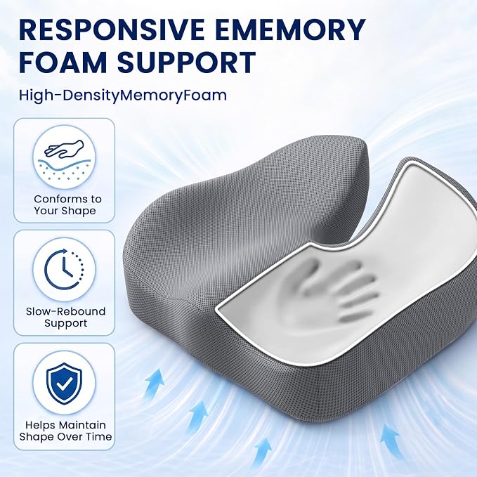 CJACSOC Seat Cushion, Extra Large Memory Foam Cushion for Office Chair Cushions, Ergonomic Cushions Pad Pillow for Pressure Relief Sciatica & Pain Relief for Long Sitting, Grey - Image 4