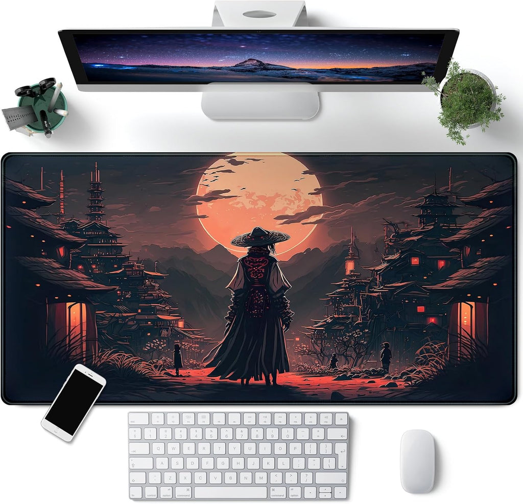Japanese Landscape Desk Mat Post Moonlight Samurai Mouse Pad Large Dark Aesthetic Desk Pad Gaming Mousepad Extended XXL 31.5 x 15.7 in Laptop Computer Mouse Keyboard Mat by CYZFF