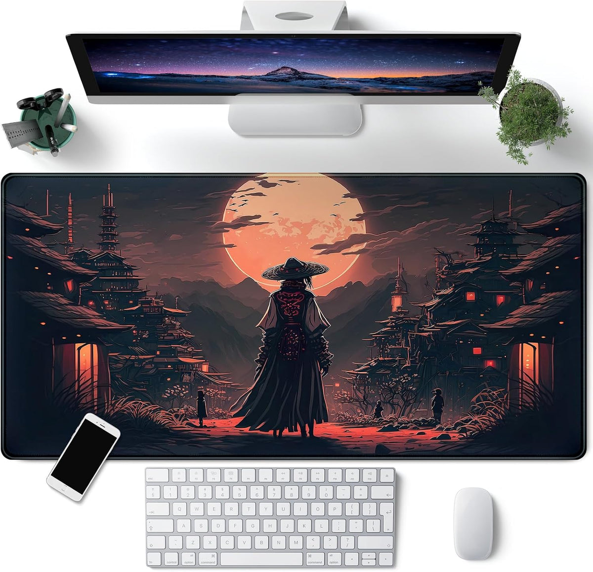 Japanese Landscape Desk Mat Post Moonlight Samurai Mouse Pad Large Dark Aesthetic Desk Pad Gaming Mousepad Extended XXL 31.5 x 15.7 in Laptop Computer Mouse Keyboard Mat by CYZFF
