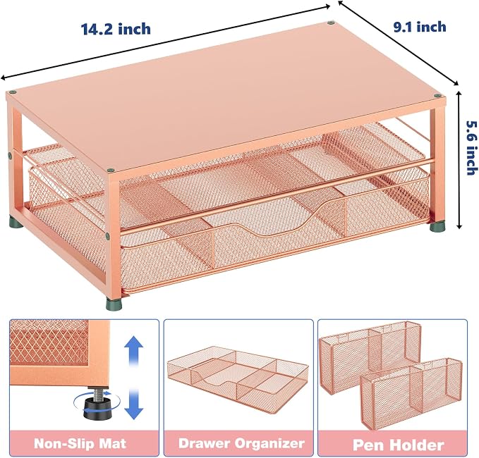 Desk Organizer and Accessories, 2-Tier Computer Monitor Stand Riser with Drawer and 2 Pen Holders, Laptop Stand, Office Desk Accessories for Office Supplies, 1 Pack, Rose - Image 3
