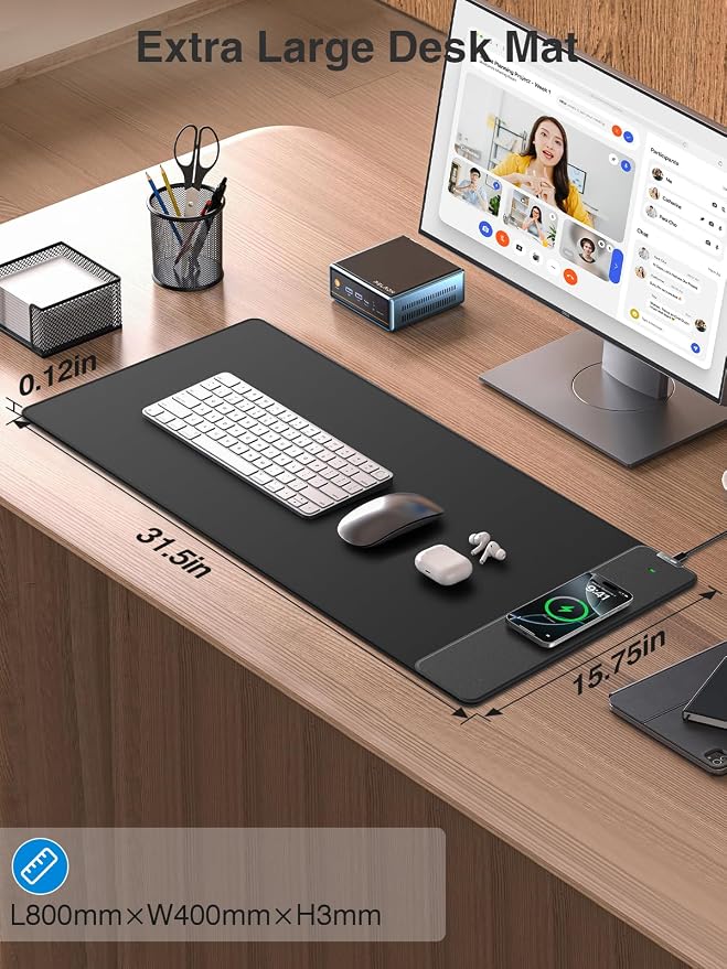 Wireless Charging Mouse Pad, 31.5"x15.8" Large Desk Mat, Smooth Glide | Waterproof Mousepad, Stitched Edge, Non-Slip Rubber Base, Desk Pad Computer Keyboard Mat, No Adapter - Image 7