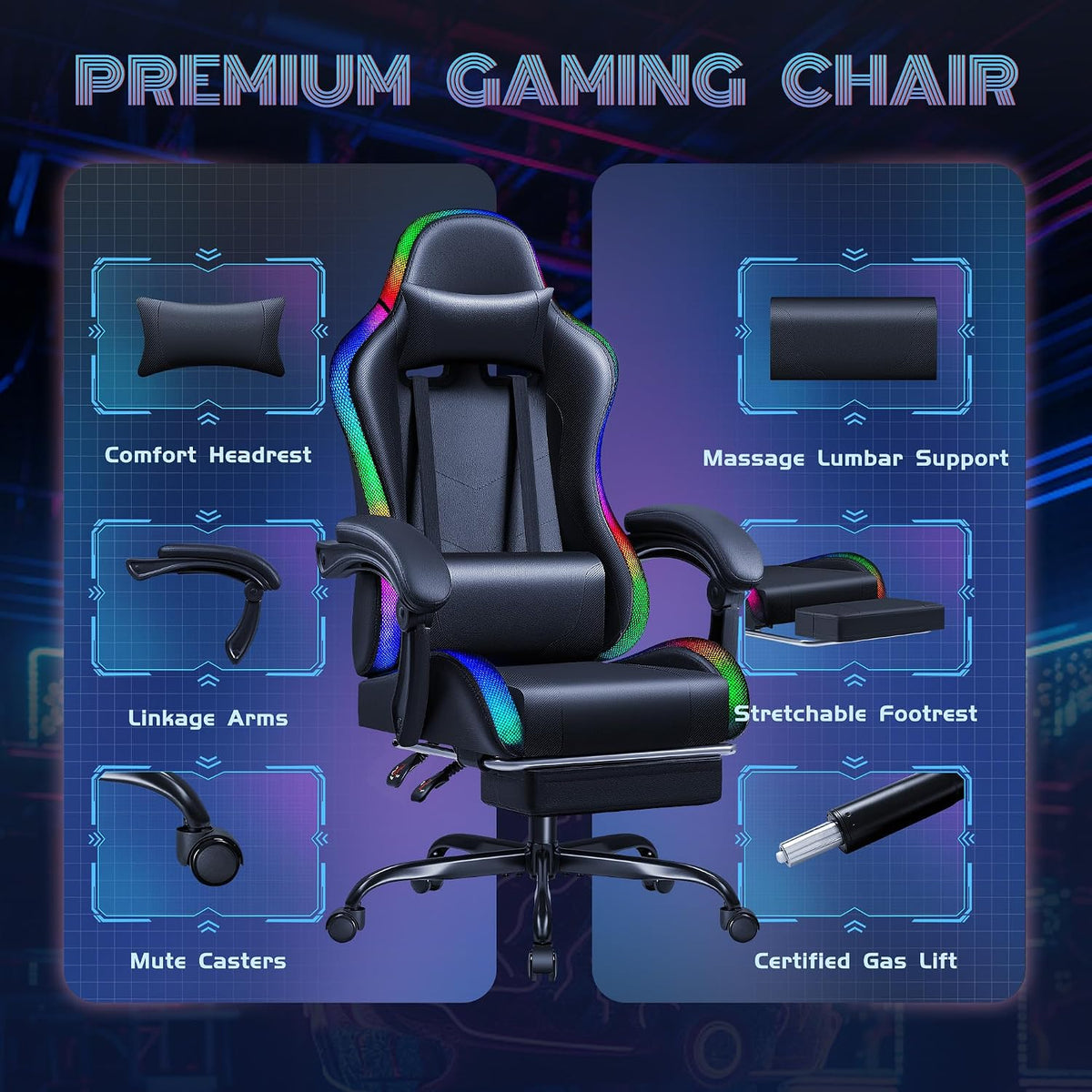 Furmax Gaming Chair with RGB LED Lights, Video Game Chair with Footrest and Massage Lumbar Support, High Back Reclining Computer Chair with Headrest, Swivel Seat Gamer Chair (LED Black) - Image 5