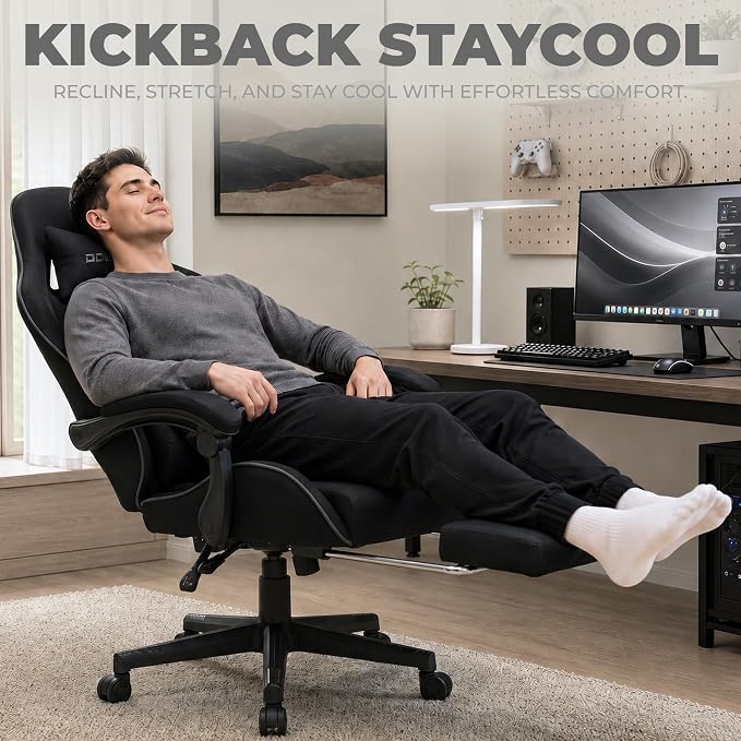 Dowinx Gaming Chair Fabric with Pocket Spring Cushion, Massage Game Chair Cloth with Headrest, Ergonomic Computer Chair with Footrest 290LBS, Black - Image 4