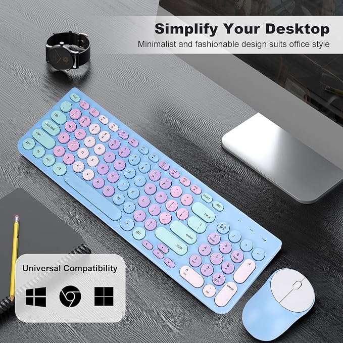 Wireless Keyboard and Mouse Combo, Retro Typewriter Keyboard with Round Keycaps, 2.4GHz USB Cute Wireless Keyboard Mouse for Computer, Desktop, Laptop and Computer (Rainbow Blue) - Image 7