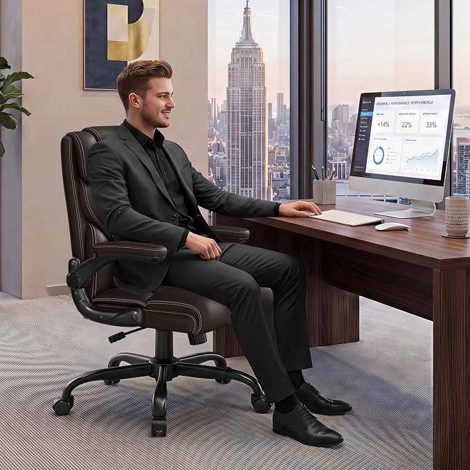 Office Chair, Executive Mid-Back Computer Desk Chair with Flip-up Armrests | 300 Lbs Ergonomic Leather Swivel PC Chair with Rock Function for Working Studying (Coffee) - Image 9