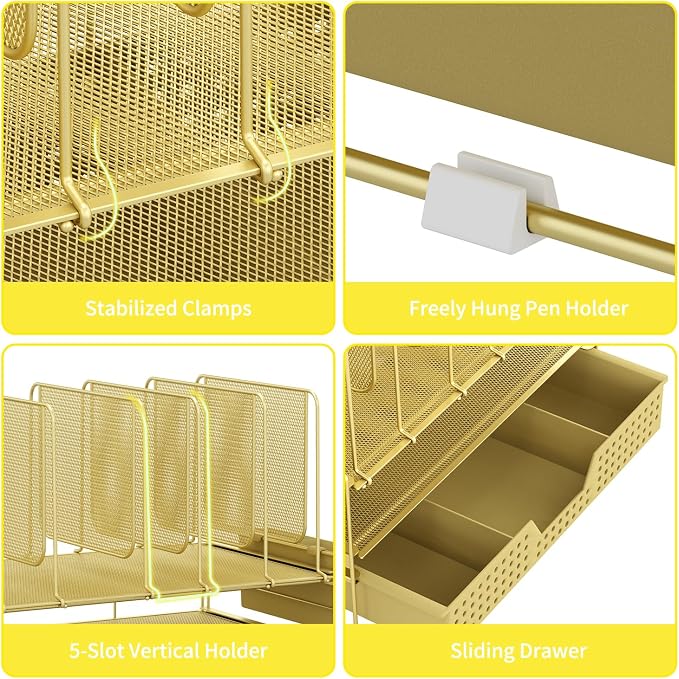 LEKETREE Gold Desk Organizer, Office Organization with Vertical File Holder, File Organizer with Drawer and Pen Holder, Desk Accessories and Workspace Organizers for Home Office (Gold) - Image 5