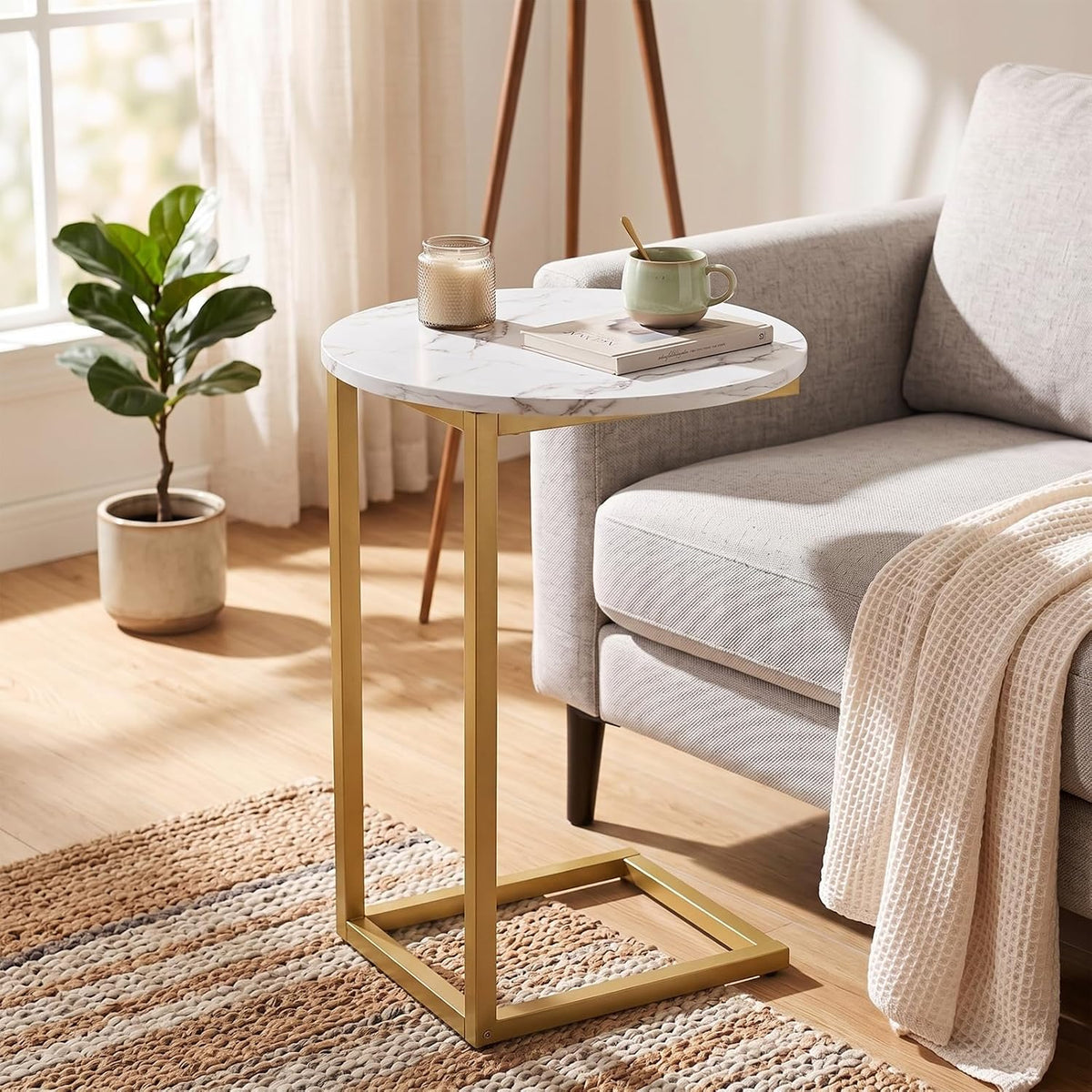 C Shaped End Table, Oval Couch Side Tables for Living Room, Sofa End Table with Metal Frame, Small Wooden Snack Table for Bedroom, Small Spaces, Easy Assembly 2Pcs(Whlite+Gold) - Image 5