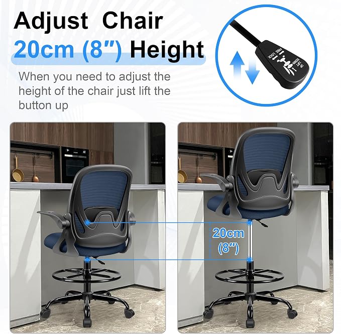 Drafting Chair Tall Office Chair with Flip-up Armrests, Adjustable Height, Enhanced Lumbar Support Ergonomic Rolling Stool, Back Support, Adjustable Foot Rest Ring for Standing Desk Navy - Image 6