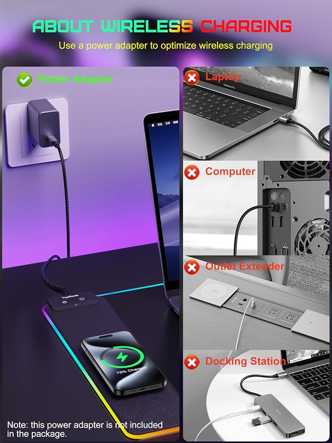 TopMade Mouse Pad with Wireless Charging, 31.5" x 11.81" Large Desk Mat RGB Gaming Mousepad, LED Desk Pad Keyboard Pad with Ultra-Smooth Surface & Non-Slip Rubber Base, Waterproof Desk Pad - Image 3