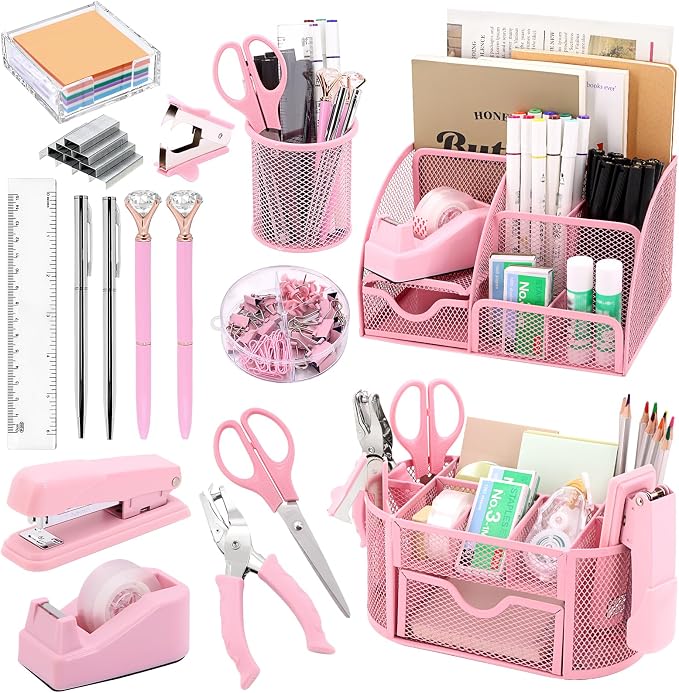 17 IN 1 Office Desk Organizer Set for Back to School Supplies Accessories | 3 Office Desk Storage Organization, 4 Pens, Stapler, Staples & Remover, Tape & Dispenser, Scissors, Ruler, Clips, Hole Punch by Froidesente