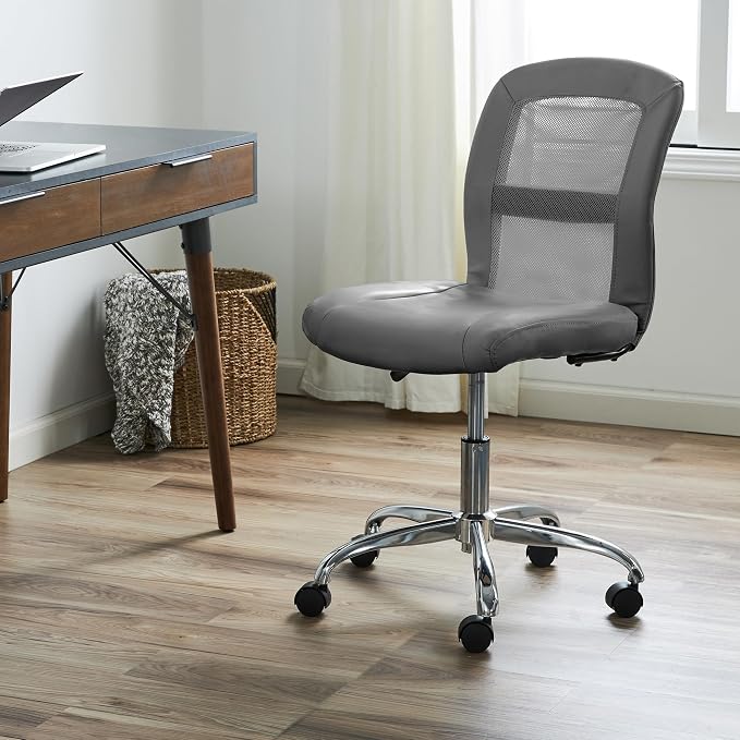 Serta Armless Small Home Desk Chair with Wheels, Ergonomic Mesh Back Chair | Essentials, Leather & Foam Cushion Seat, Adjustable Height, Small Vanity Chair for Bedroom, Desk Chair for Small Spaces, Gray - Image 2