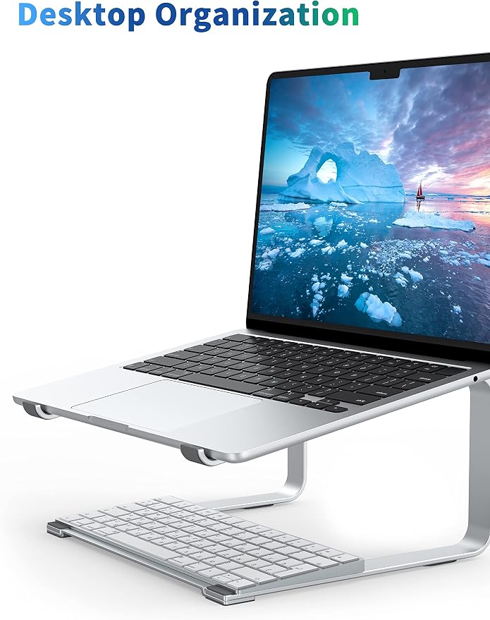 SOUNDANCE Laptop Stand for Desk, Ergonomic Metal Computer Riser for 12-17.3 Inch Laptops, Heavy Duty Stable Desktop Holder, Improves Eye Level & Workspace Organization, Silver - Image 3