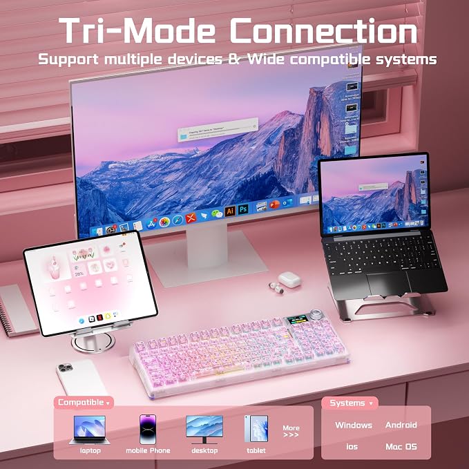 Aula F98Pro V3 Wireless Mechanical Gaming Clear Keyboard with Screen & Knob | Triple-Mode Hot Swappable, Gasket Mount Linear Switches, Clear Keycaps RGB Backlit, TFT Screen 10000mAh Battery for PC/Office - Image 4