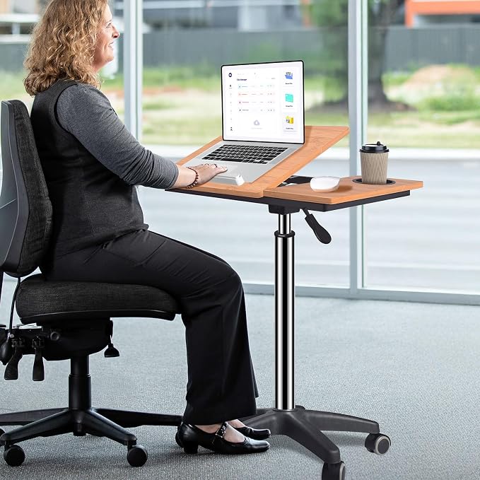 wishacc Rolling Desk Adjustable Height, Mobile Standing Desk on Wheels, Small Portable Sit Stand Laptop Cart, Wood Computer Desk with Cup Holder for Home Office (Extra Large) | XL Bamboo Top, Large Compact Surface, Gas Spring Lifting System, 5-Position... - Image 4