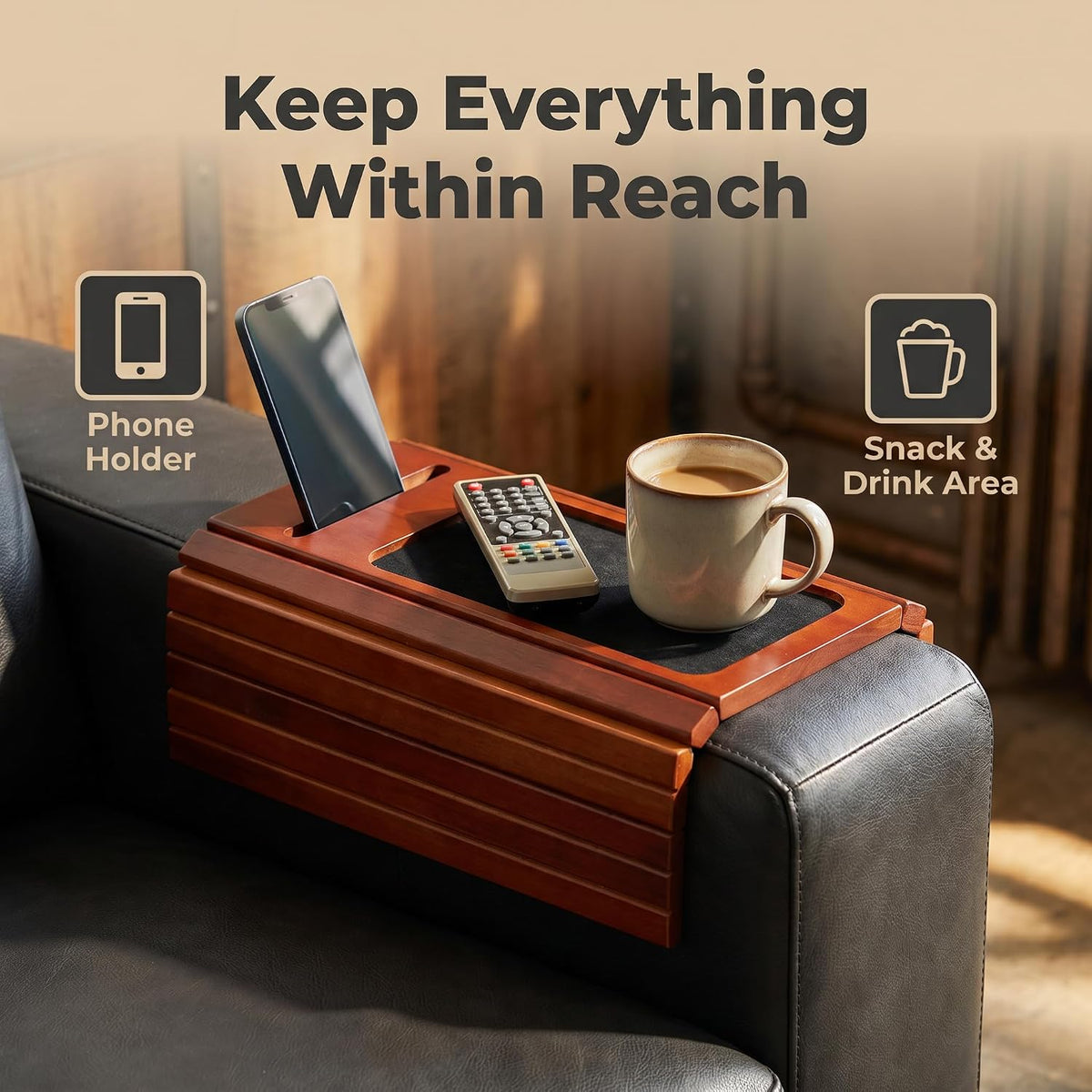 Foldable Sofa Couch Armrest Tray Wooden Anti-Slip with Phone Holder - Image 5