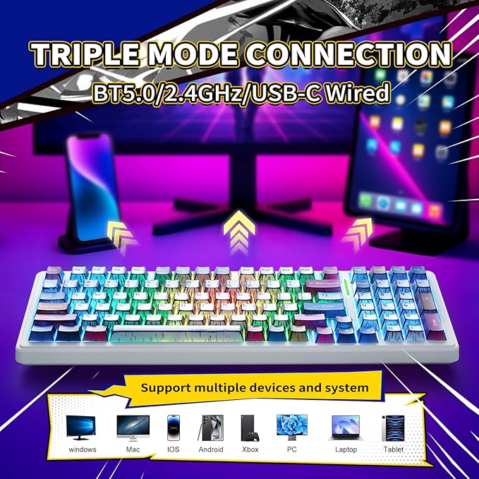 Aula F99 Wireless Mechanical Keyboard Creamy Computer Gaming Keyboards | 8000mAh Rechargeable,Hot Swappable Custom,RGB Backlit,Tri-Mode BT5.0/2.4GHz/USB-C,Pre-lubed Linear Switches,Gasket Structure - Image 3