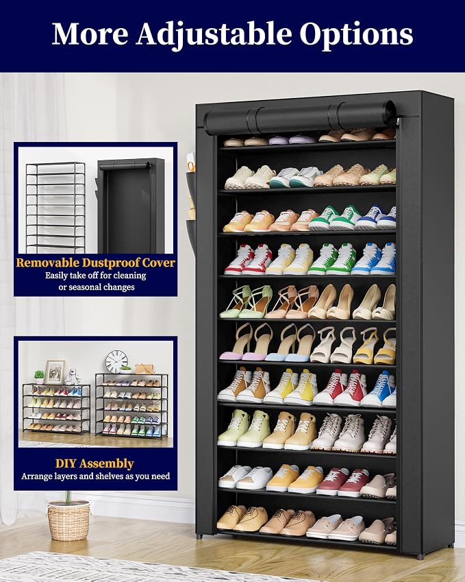 Kitsure 10-Tier Shoe Rack with Cover, Vertical Shelf, 33.6" Wide, Black | Space Saving Shoe Storage with Side Pocket, Shoe Organizer for Closet, Entryway, Bedroom, Zapateras Organizer - Image 3