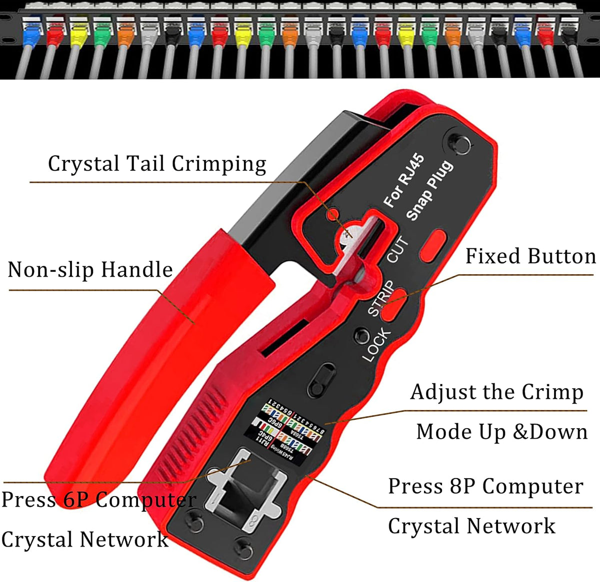 LEATBUY Crimp Tool CAT5 CAT6 Kit RJ45 Crimping Tool, 50PCS RJ45 Crimper Pass Through Ethernet LAN Connectors, 50PCS Covers, Network Cable Tester, Wire Punch Down Cutter(RED) - Image 2