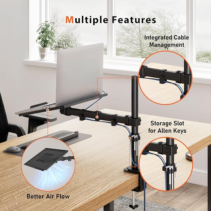 BONTEC Laptop Arm for Desk, 13-32 Inch, 22lbs, VESA 75/100 Compatible | Fully Adjustable Monitor Arm with Vented Tray for LCD Screens and Notebook up to 17", Dual Mounting Options - Image 4