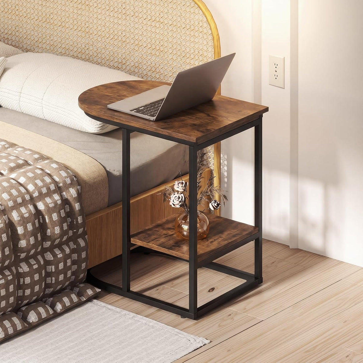 GIANTEX C Shaped End Table Set of 2, Modern Sofa Side Table with Industrial Wood Tabletop & Storage Shelf, Slide Under Sofa Bed, 2-Tier Couch Table for Small Spaces Living Room Bedroom, Rustic Brown - Image 7