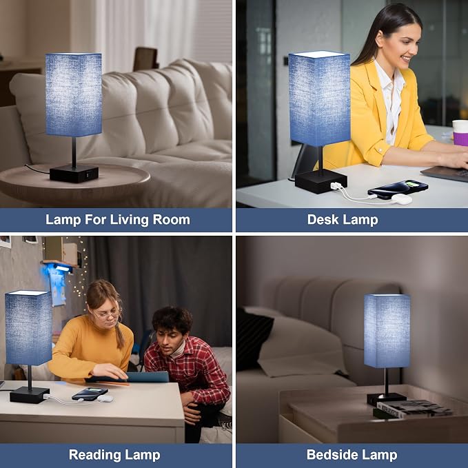 Touch Bedside Table Lamp for Bedroom, 14-Inch, Navy Blue Set of 2 | USB A+C Ports, Touch 3-Way Dimmable LED Bulb Included Fabric Lampshade Metal Base Small Nightstand Lamp for Desk Living Room - Image 6