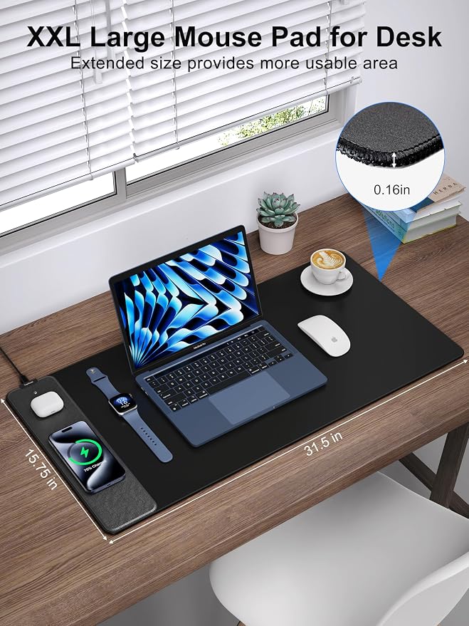 TopMade Wireless Charging Mouse Pad, Gaming Mousepad Home Office Large Desk Pad with Ultra-Smooth Surface, Non-Slip Base, Waterproof Keyboard Mat (Includes 20W PD Power Adapter & 6.56ft Woven Cable) - Image 3