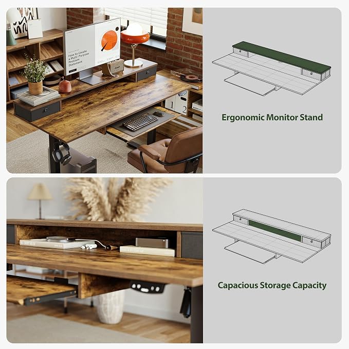 Agilestic 63 Inch Standing Desk with Drawers & Keyboard Tray, Rustic Brown | Electric Height Adjustable, 2 Storage Drawer, Monitor Stand, Sturdy Steel Frame, Memory Presets, Hooks, 154 lbs, Splice Board - Image 5